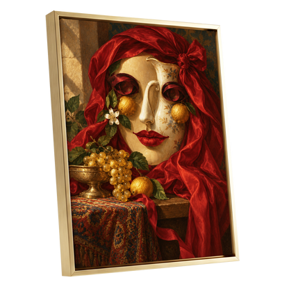 The Crimson Porcelain Muse, red, gold, beige abstract wall art shown as a gold framed canvas wall art