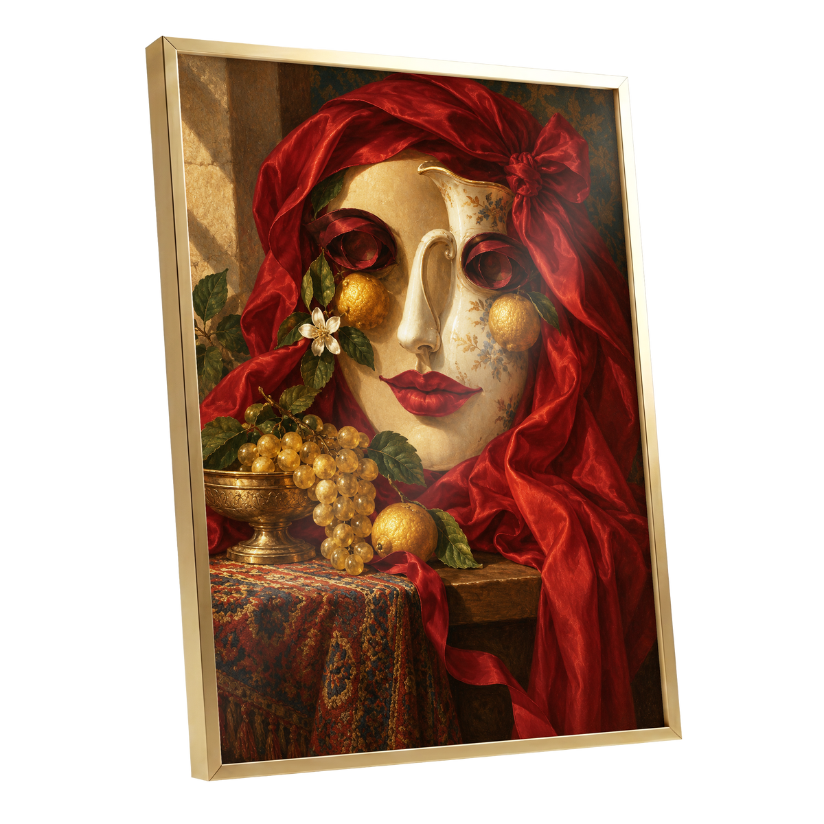 The Crimson Porcelain Muse, red, gold, beige abstract wall art shown as a gold framed poster wall art print