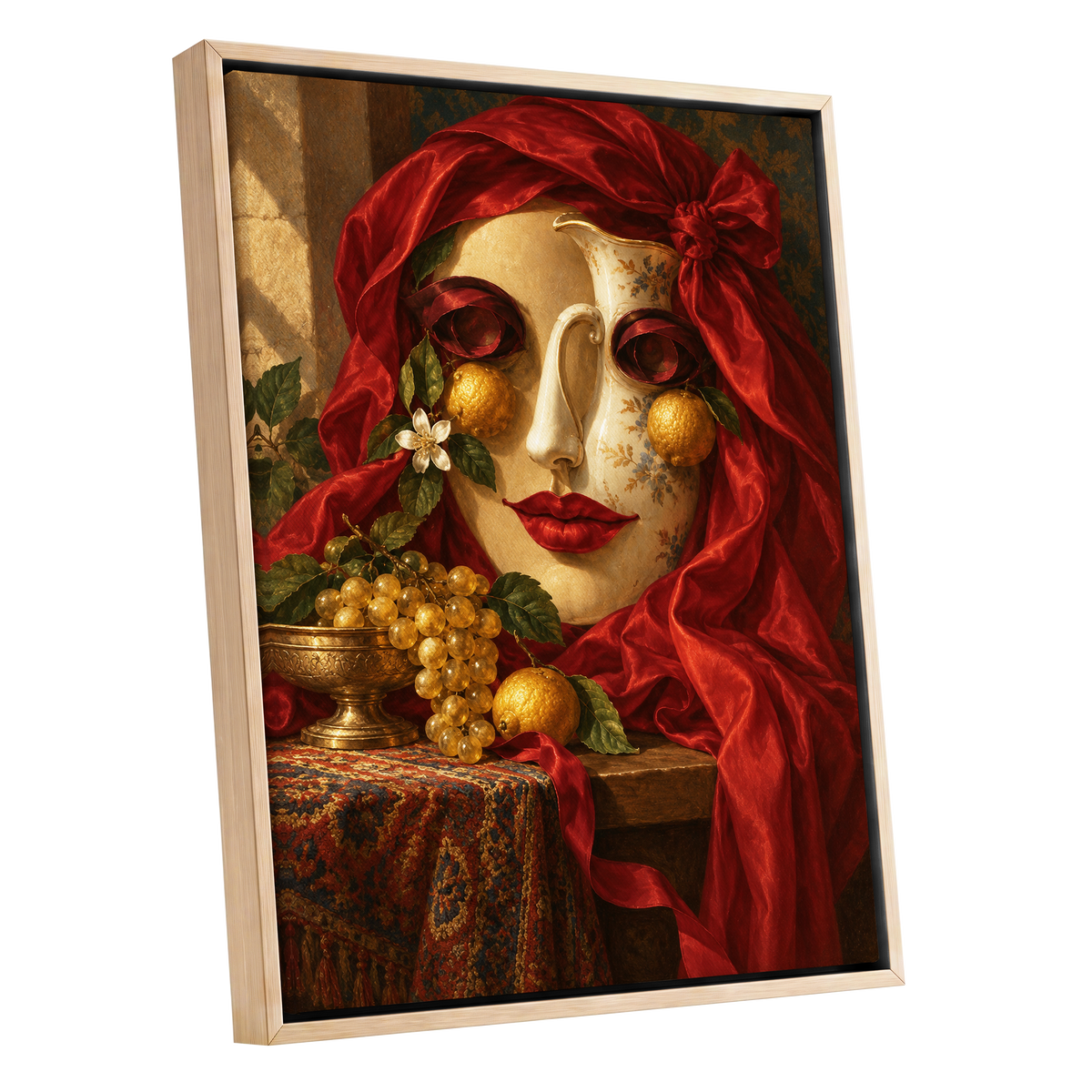 The Crimson Porcelain Muse, red, gold, beige abstract wall art shown as a oak framed canvas wall art
