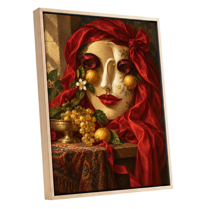 The Crimson Porcelain Muse, red, gold, beige abstract wall art shown as a oak framed canvas wall art