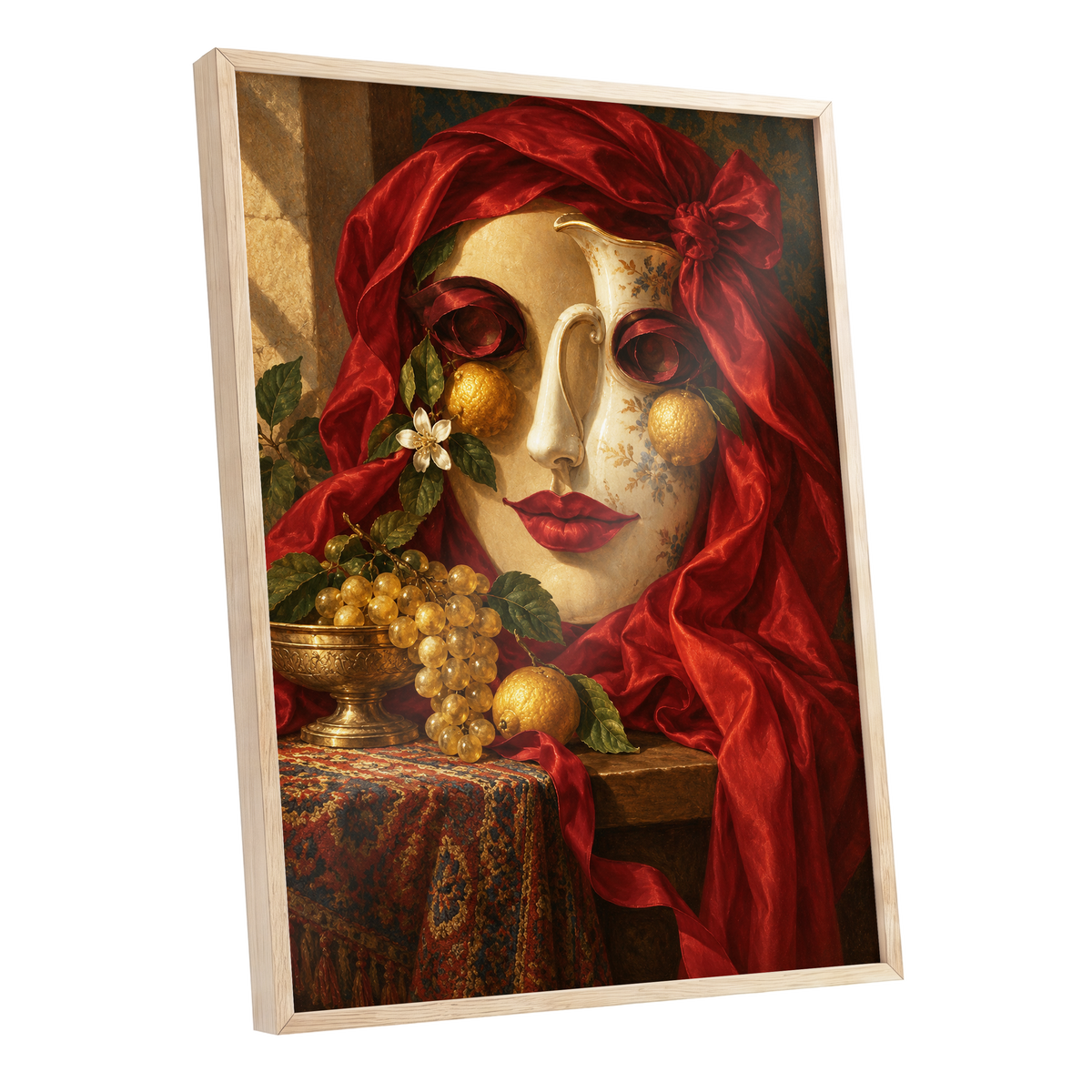 The Crimson Porcelain Muse, red, gold, beige abstract wall art shown as a oak framed poster wall art print