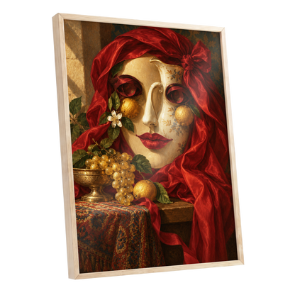 The Crimson Porcelain Muse, red, gold, beige abstract wall art shown as a oak framed poster wall art print