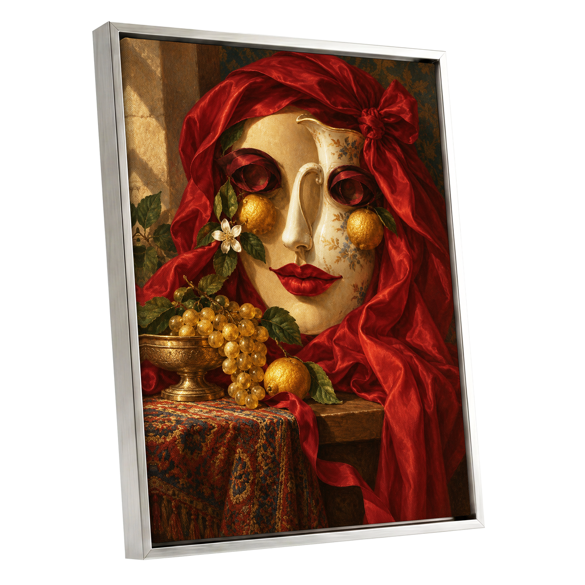 The Crimson Porcelain Muse, red, gold, beige abstract wall art shown as a silver framed canvas wall art