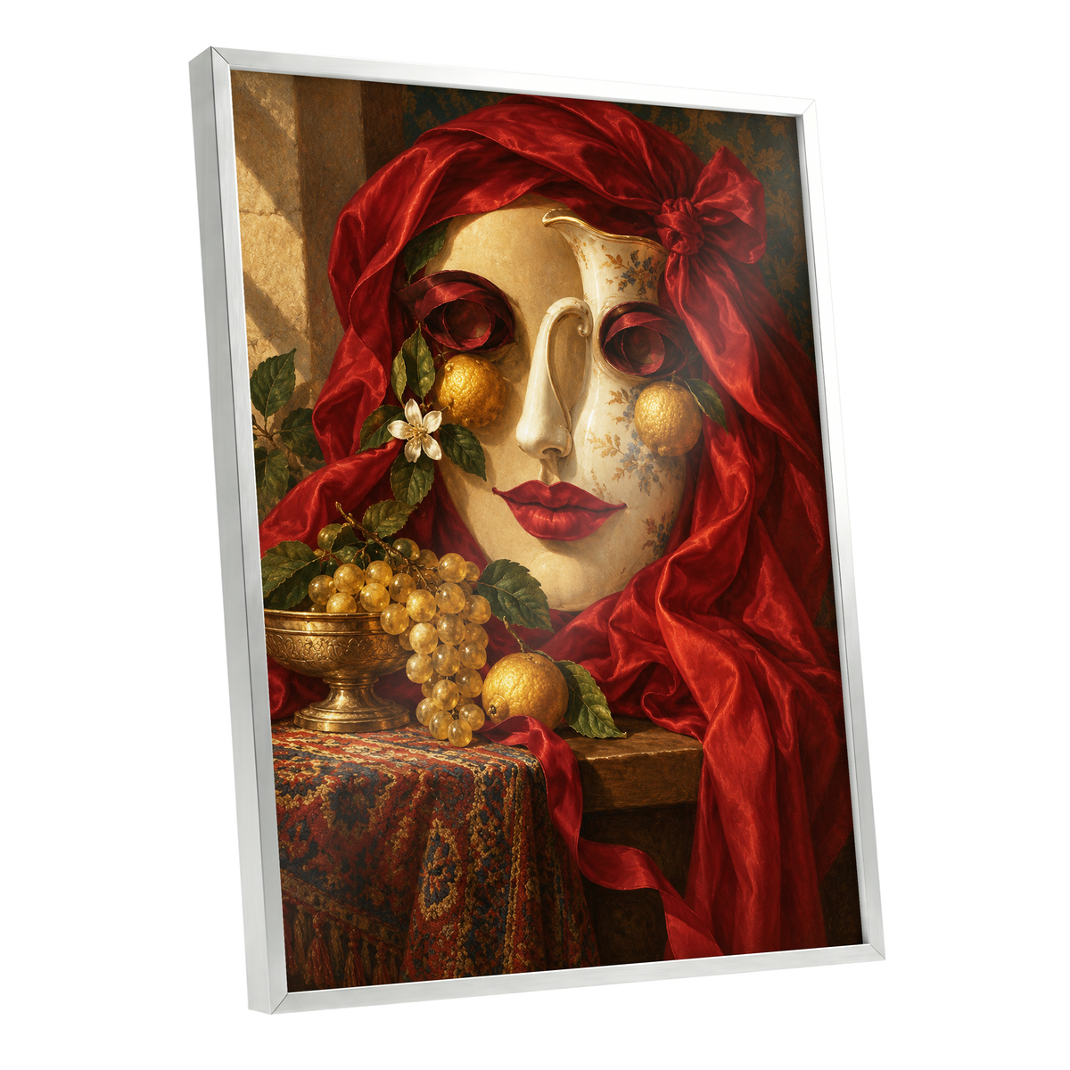 The Crimson Porcelain Muse, red, gold, beige abstract wall art shown as a silver framed poster wall art print