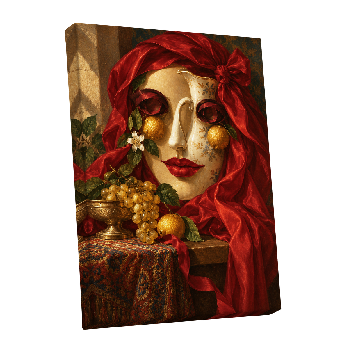 The Crimson Porcelain Muse, red, gold, beige abstract wall art shown as a stretched canvas wall art