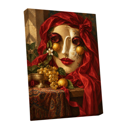 The Crimson Porcelain Muse, red, gold, beige abstract wall art shown as a stretched canvas wall art