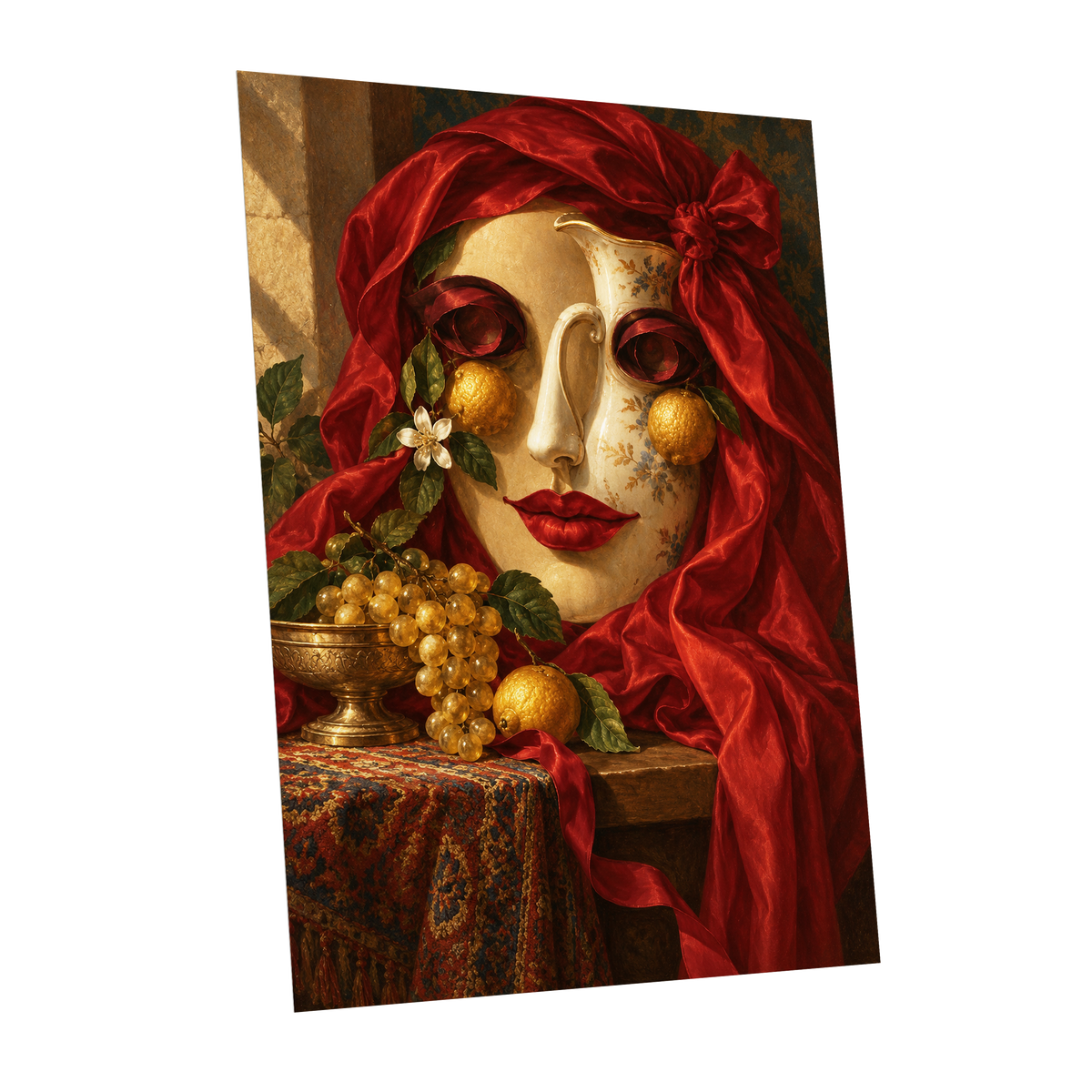 The Crimson Porcelain Muse, red, gold, beige abstract wall art shown as a unframed poster wall art print