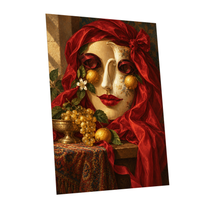 The Crimson Porcelain Muse, red, gold, beige abstract wall art shown as a unframed poster wall art print
