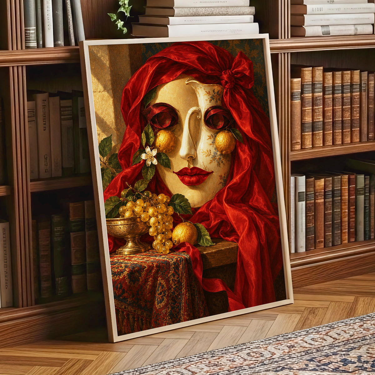 The Crimson Porcelain Muse, red, gold, beige abstract wall art displayed in a styled interior, gallery view 1