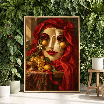 The Crimson Porcelain Muse, red, gold, beige abstract wall art displayed in a styled interior, gallery view 2