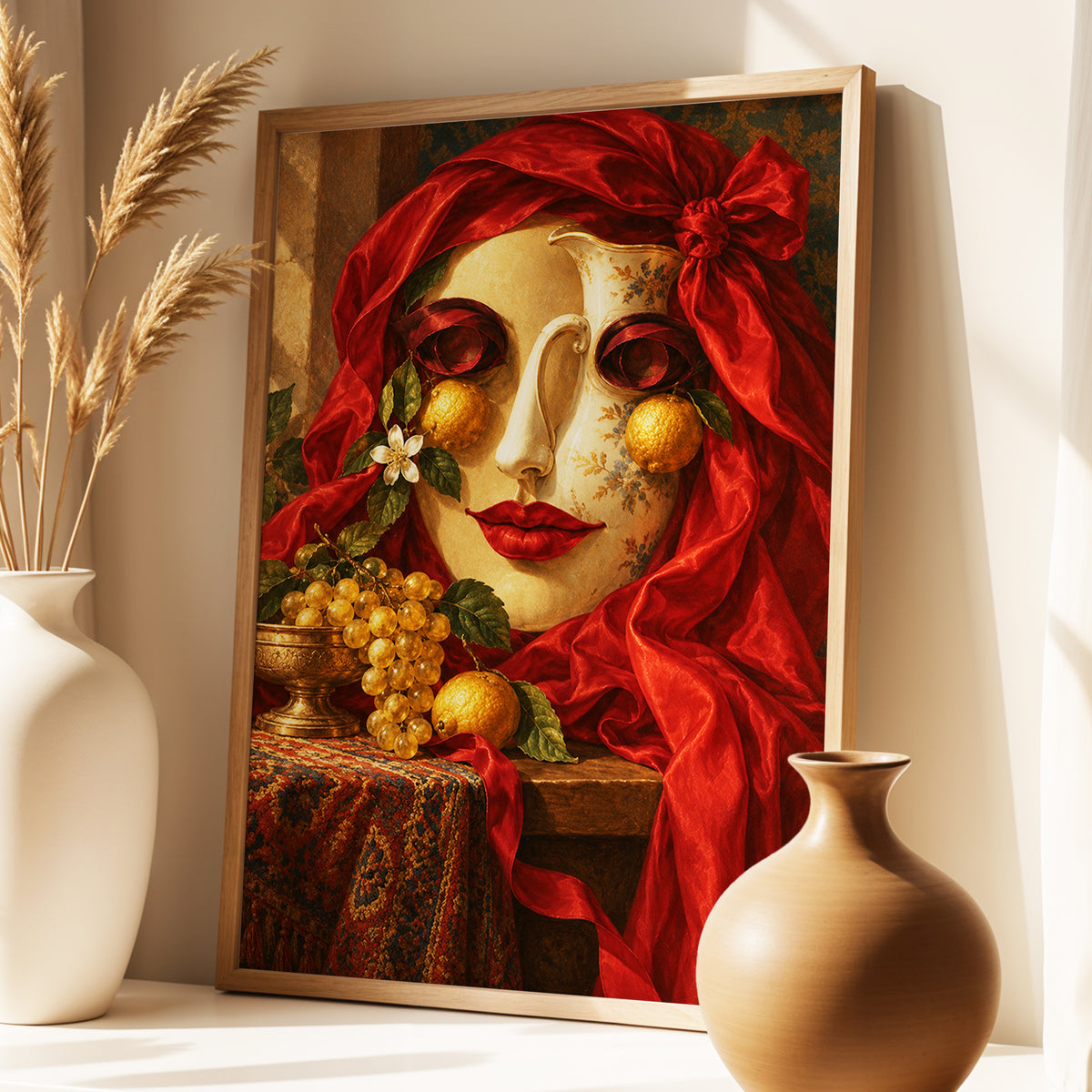 The Crimson Porcelain Muse, red, gold, beige abstract wall art displayed in a styled interior, gallery view 3