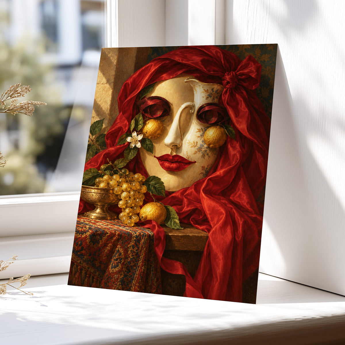 The Crimson Porcelain Muse, red, gold, beige abstract wall art displayed in a styled interior, gallery view 4