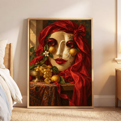 The Crimson Porcelain Muse, red, gold, beige abstract wall art displayed in a styled interior, gallery view 5