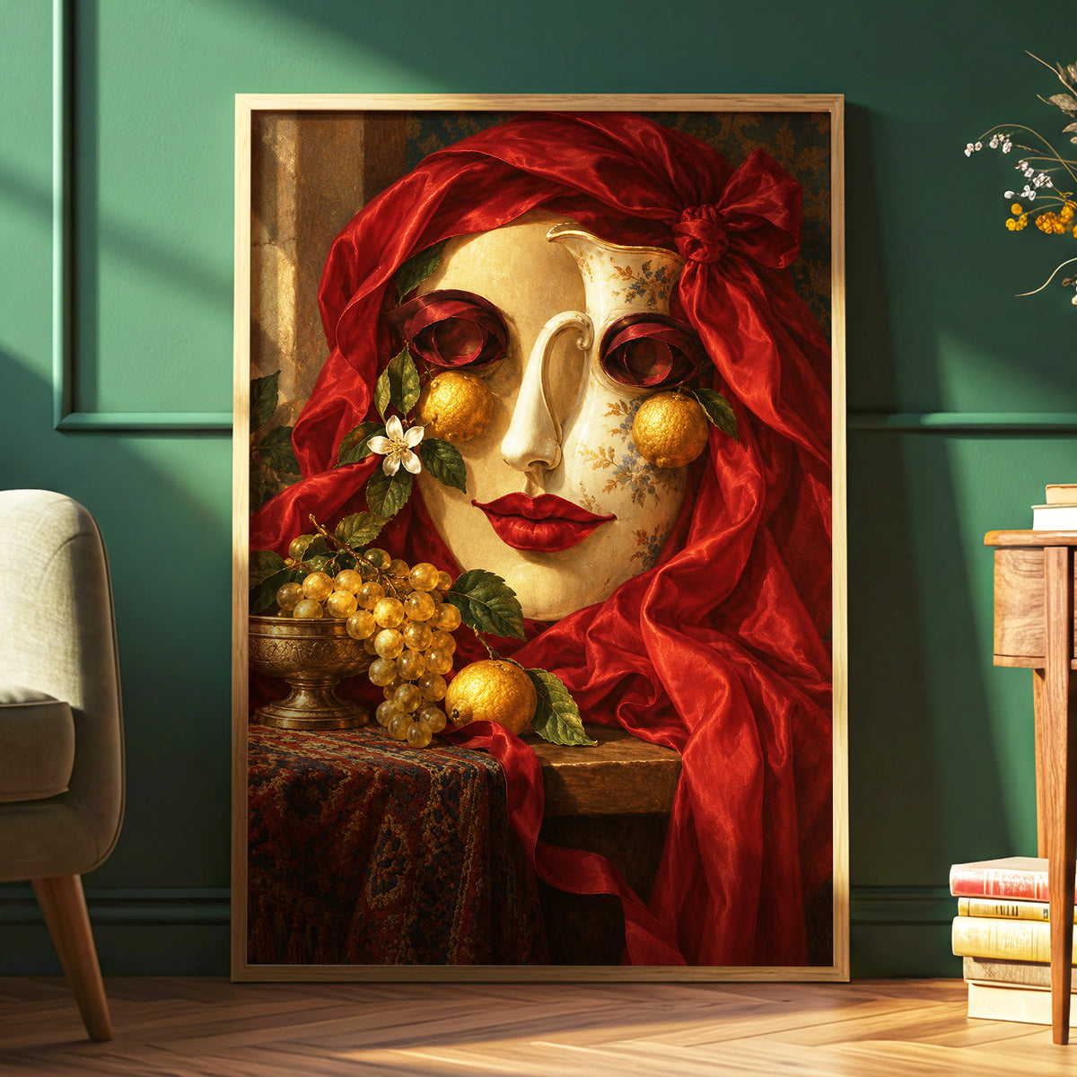 The Crimson Porcelain Muse, red, gold, beige abstract wall art displayed in a styled interior, gallery view 6