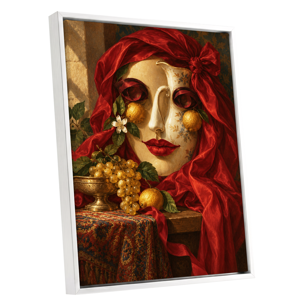 The Crimson Porcelain Muse, red, gold, beige abstract wall art shown as a white framed canvas wall art