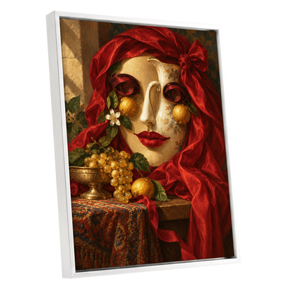 The Crimson Porcelain Muse, red, gold, beige abstract wall art shown as a white framed canvas wall art