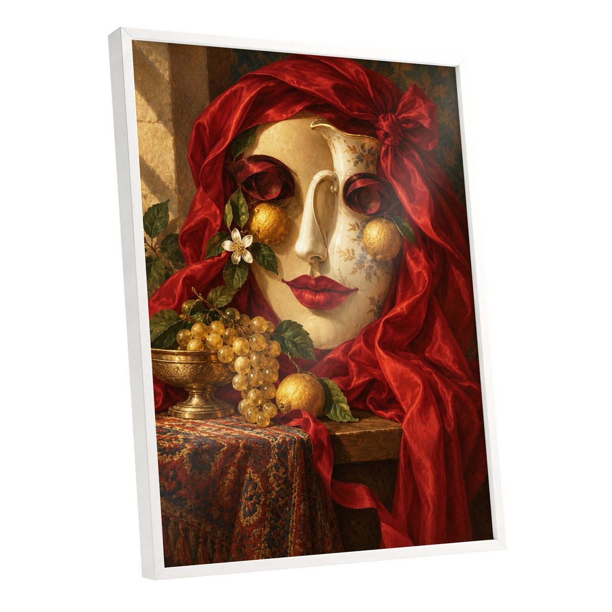 The Crimson Porcelain Muse, red, gold, beige abstract wall art shown as a white framed poster wall art print