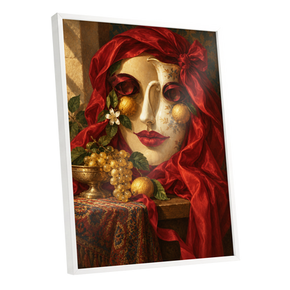The Crimson Porcelain Muse, red, gold, beige abstract wall art shown as a white framed poster wall art print