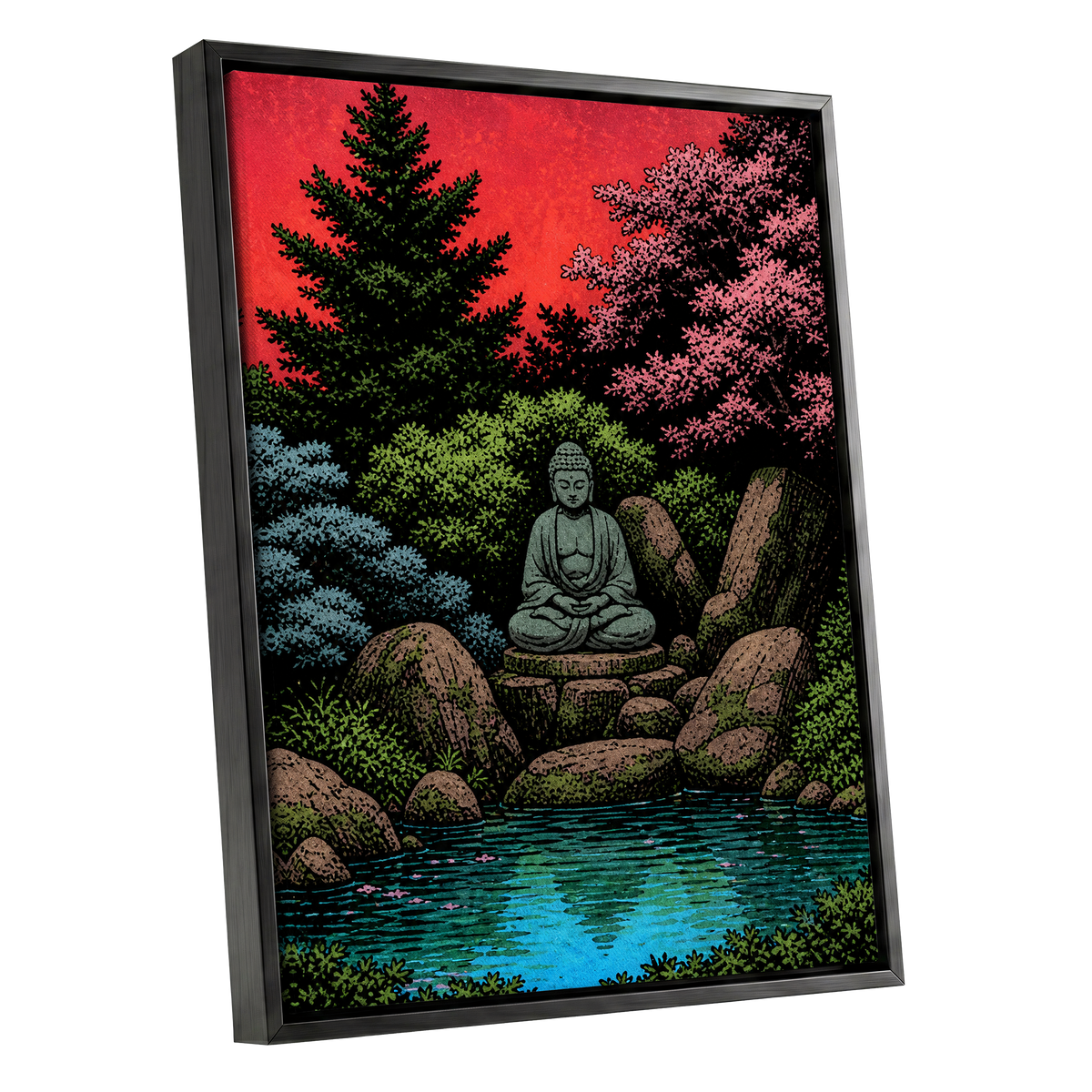 The Crimson Sanctuary, black, green, red nature wall art shown as a black framed canvas wall art