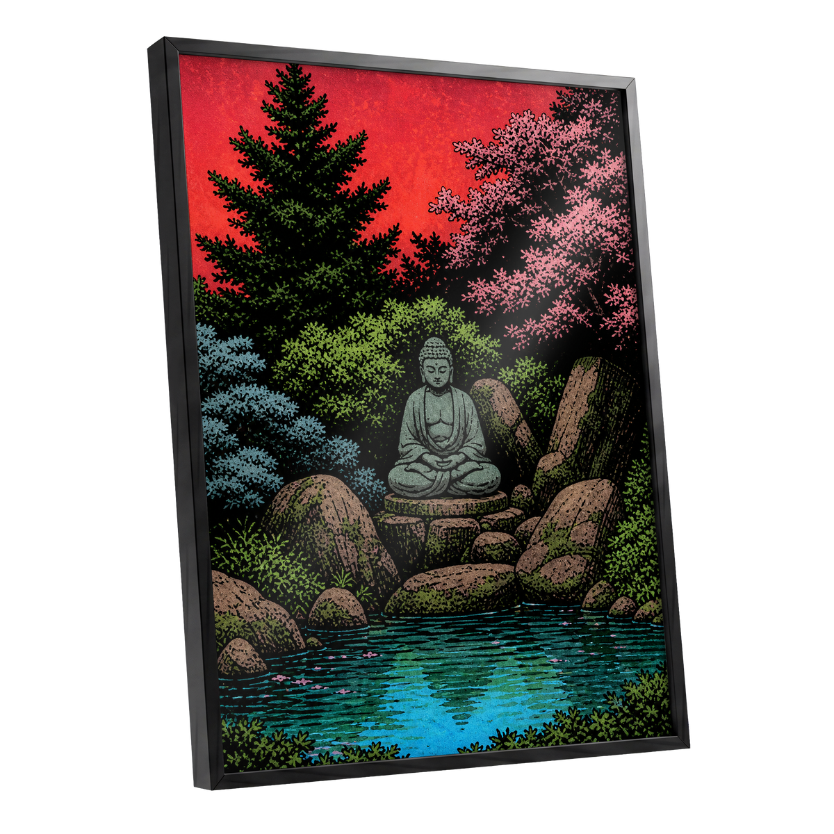 The Crimson Sanctuary, black, green, red nature wall art shown as a black framed poster wall art print