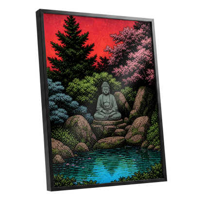 The Crimson Sanctuary, black, green, red nature wall art shown as a black framed poster wall art print