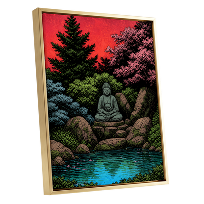 The Crimson Sanctuary, black, green, red nature wall art shown as a gold framed canvas wall art