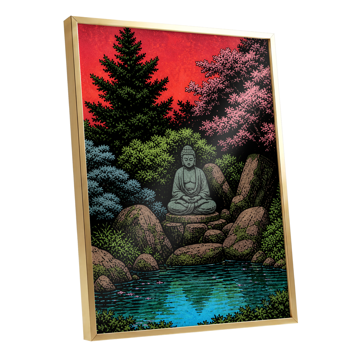 The Crimson Sanctuary, black, green, red nature wall art shown as a gold framed poster wall art print