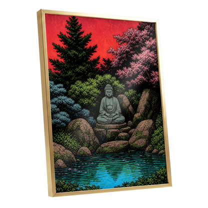 The Crimson Sanctuary, black, green, red nature wall art shown as a gold framed poster wall art print