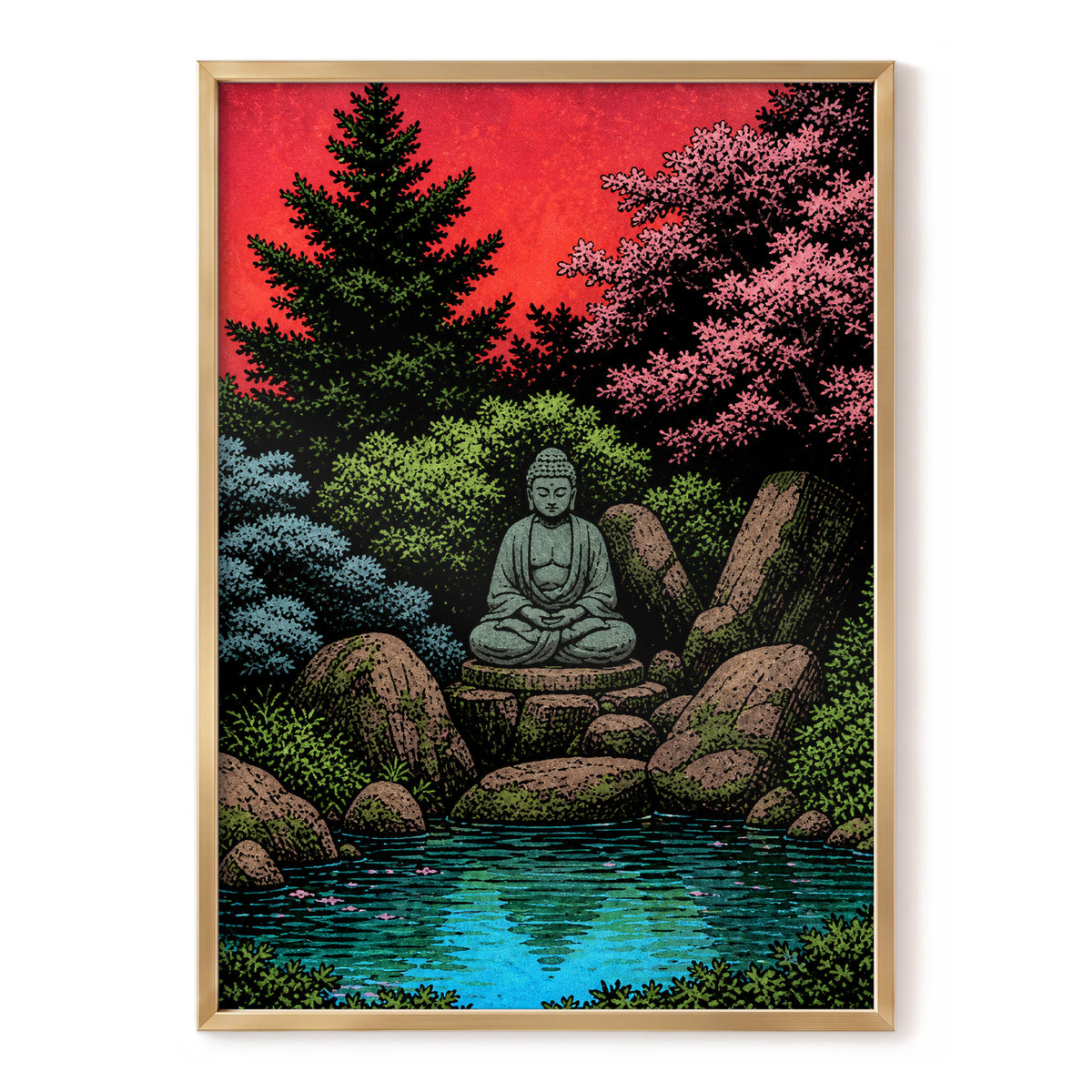 The Crimson Sanctuary, black, green, red nature wall art, front artwork view