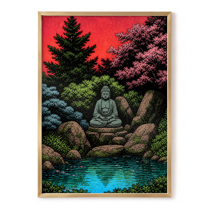 The Crimson Sanctuary, black, green, red nature wall art, front artwork view