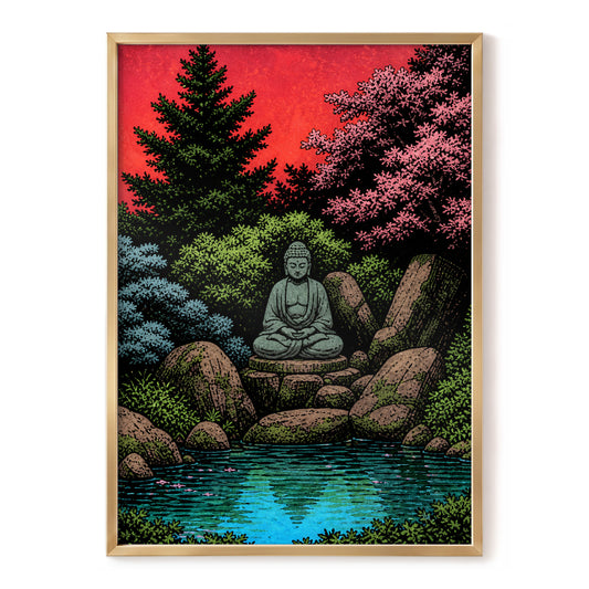 The Crimson Sanctuary, black, green, red nature wall art, front artwork view