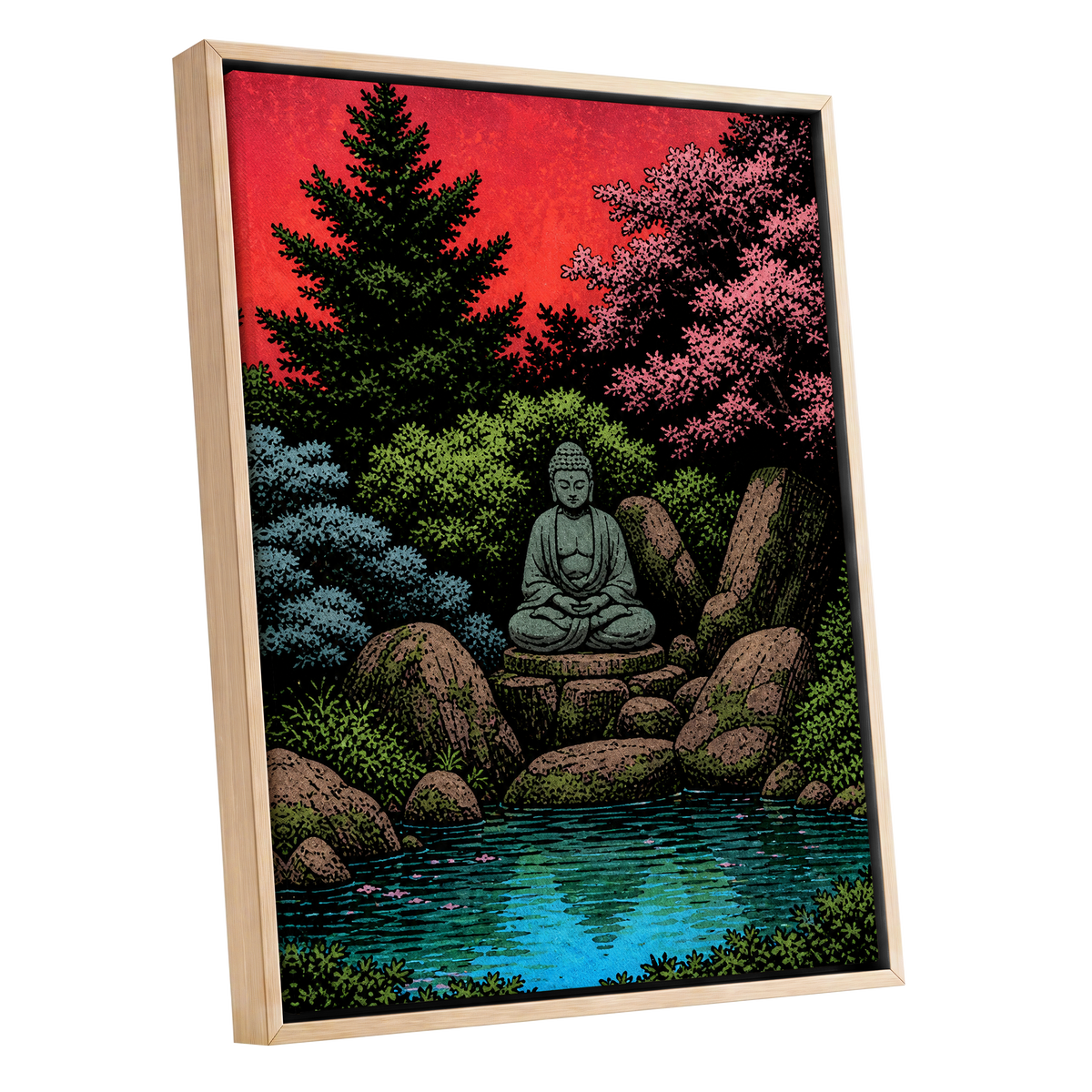 The Crimson Sanctuary, black, green, red nature wall art shown as a oak framed canvas wall art
