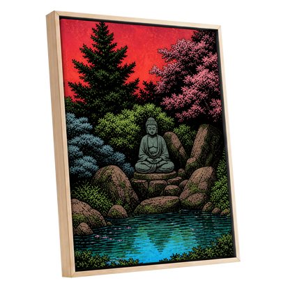 The Crimson Sanctuary, black, green, red nature wall art shown as a oak framed canvas wall art