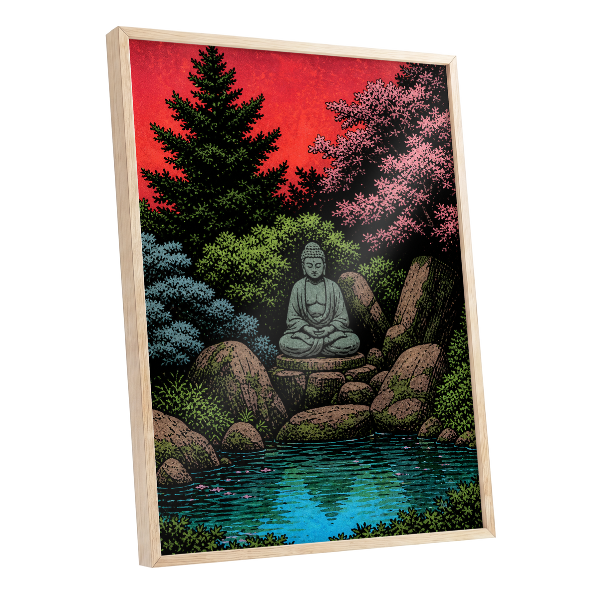 The Crimson Sanctuary, black, green, red nature wall art shown as a oak framed poster wall art print