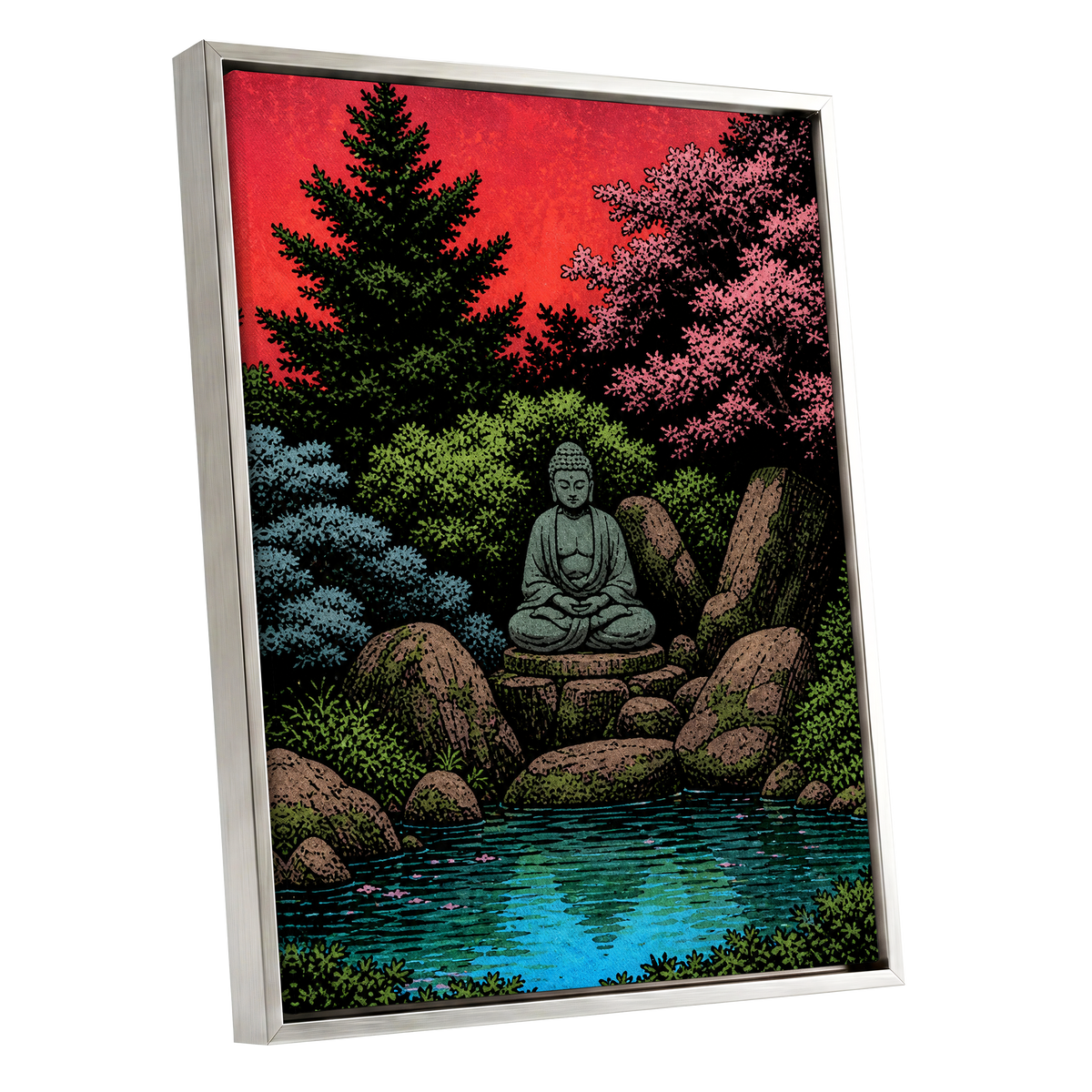 The Crimson Sanctuary, black, green, red nature wall art shown as a silver framed canvas wall art