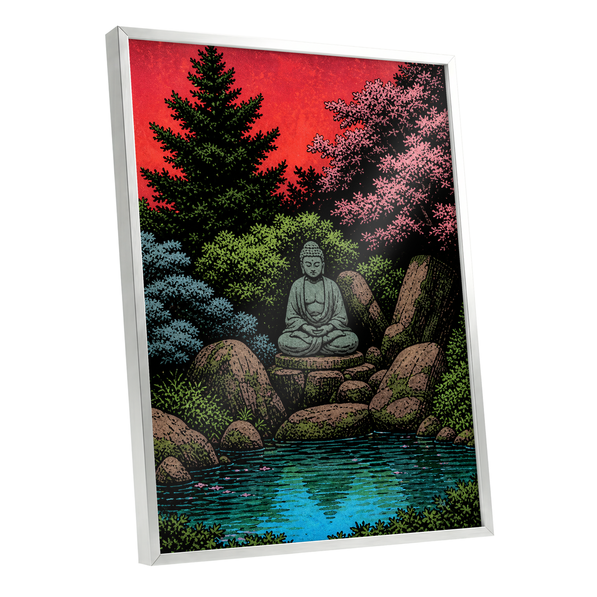 The Crimson Sanctuary, black, green, red nature wall art shown as a silver framed poster wall art print