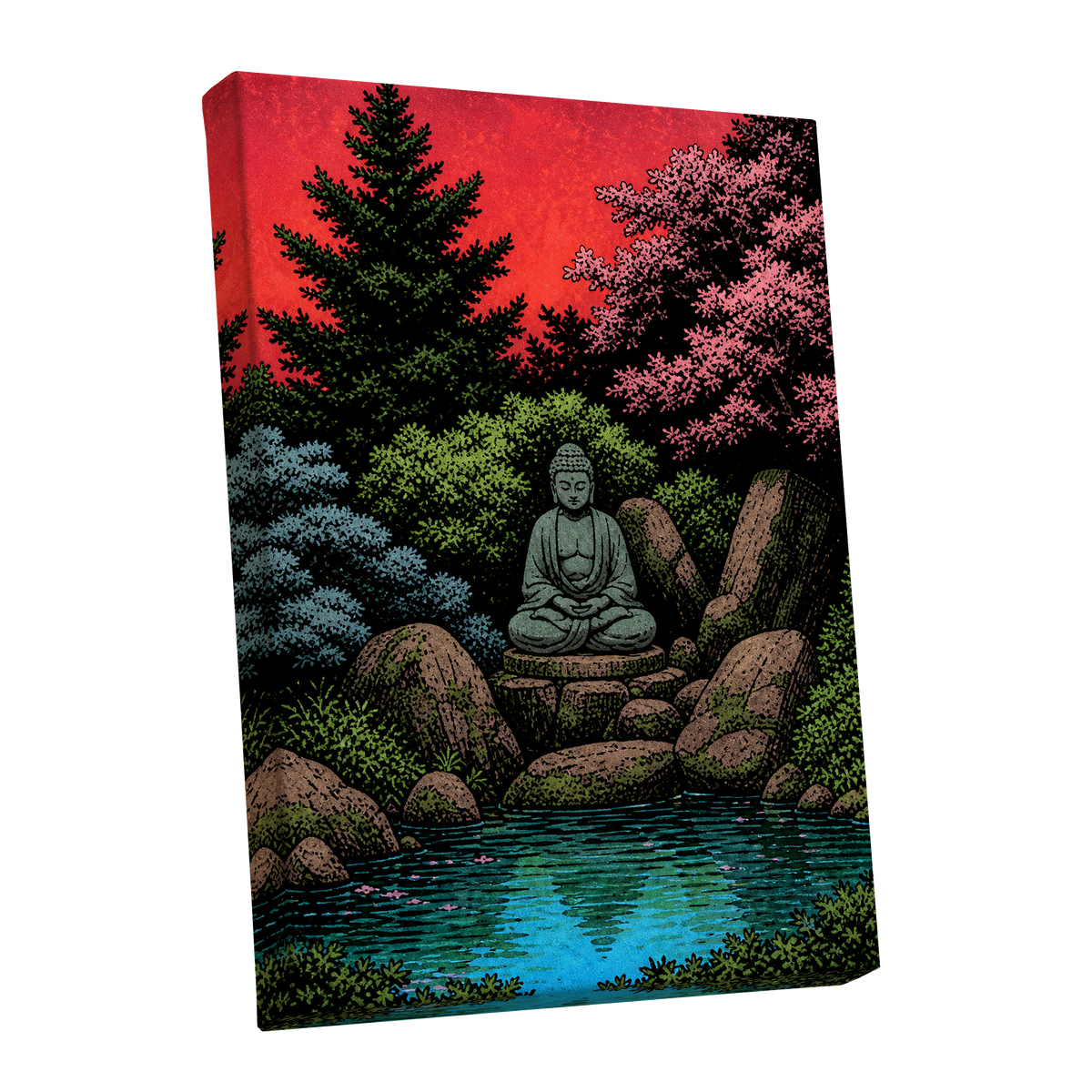 The Crimson Sanctuary, black, green, red nature wall art shown as a stretched canvas wall art