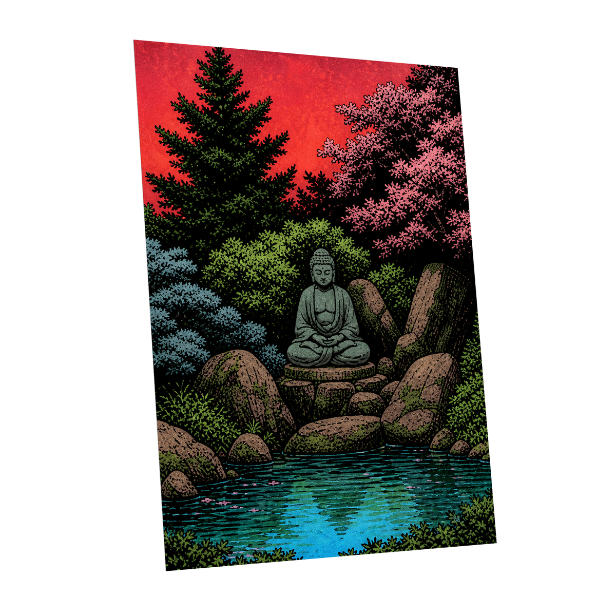 The Crimson Sanctuary, black, green, red nature wall art shown as a unframed poster wall art print