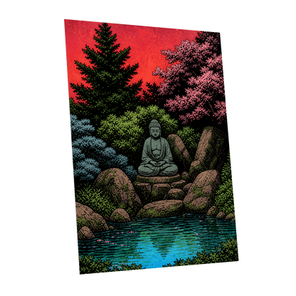 The Crimson Sanctuary, black, green, red nature wall art shown as a unframed poster wall art print