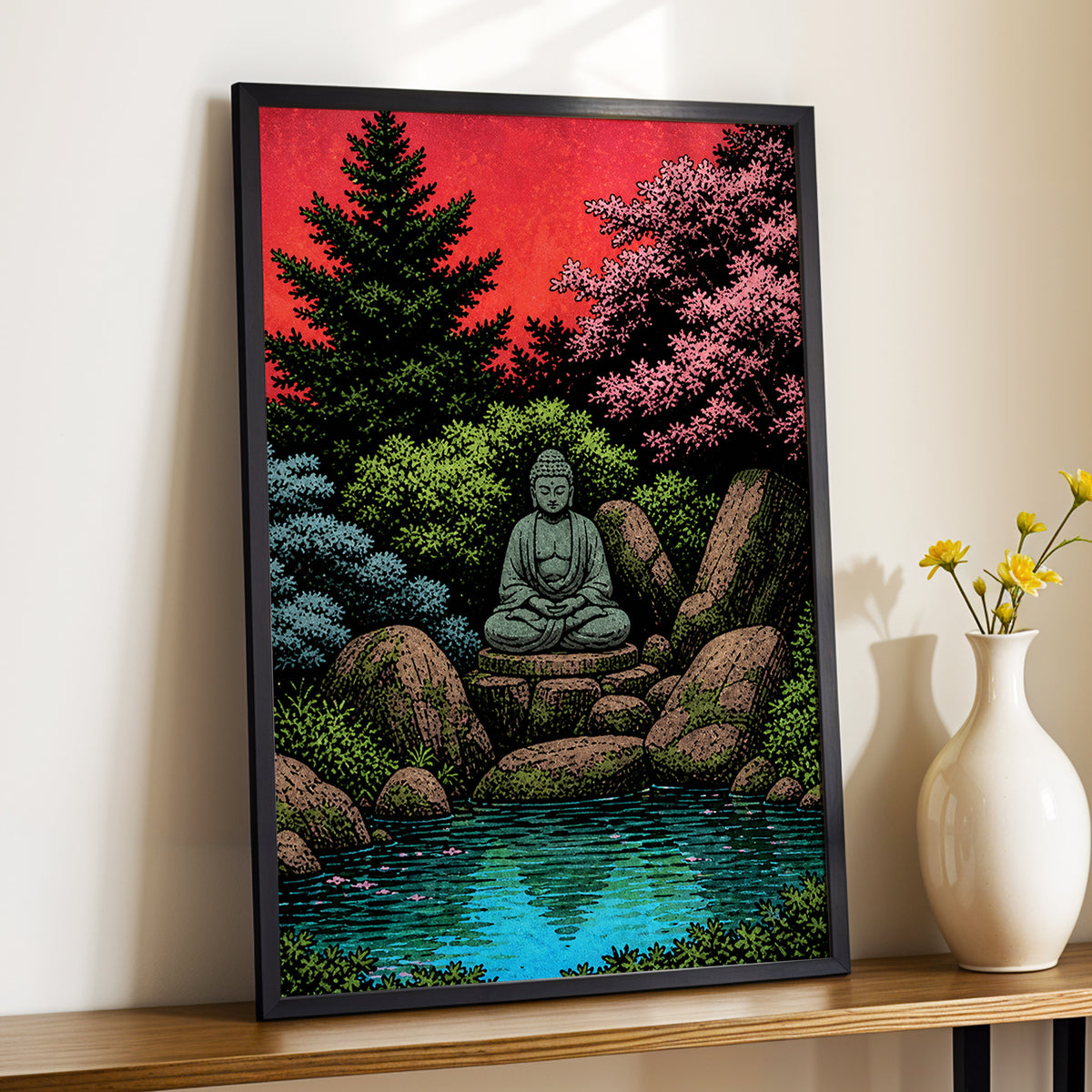 The Crimson Sanctuary, black, green, red nature wall art displayed in a styled interior, gallery view 2