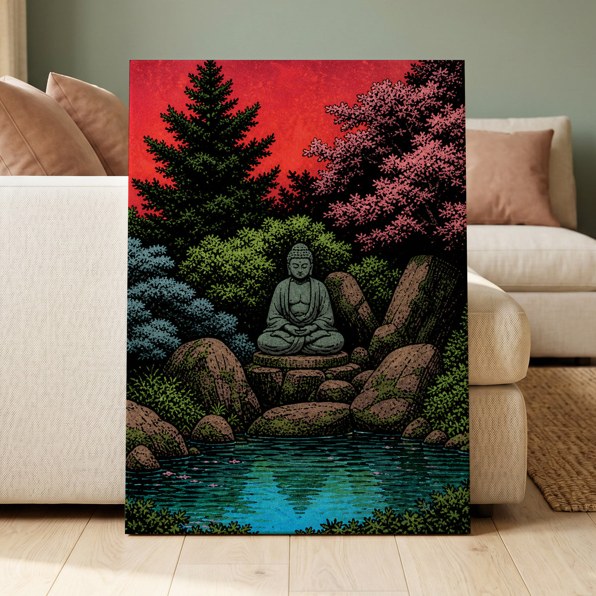 The Crimson Sanctuary, black, green, red nature wall art displayed in a styled interior, gallery view 3