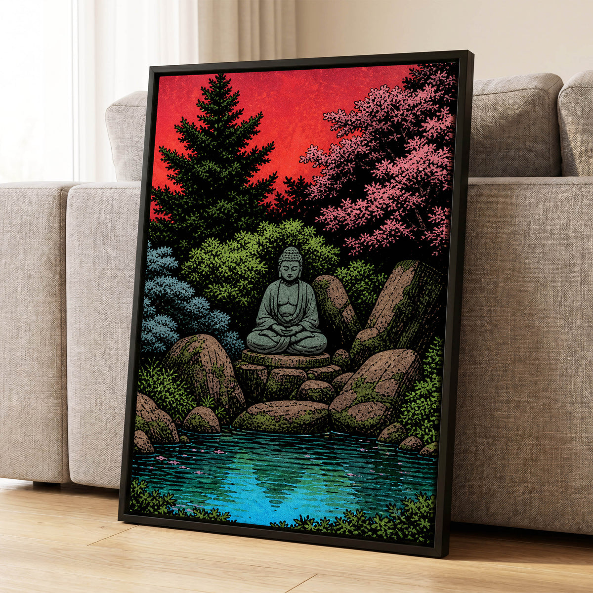The Crimson Sanctuary, black, green, red nature wall art displayed in a styled interior, gallery view 4