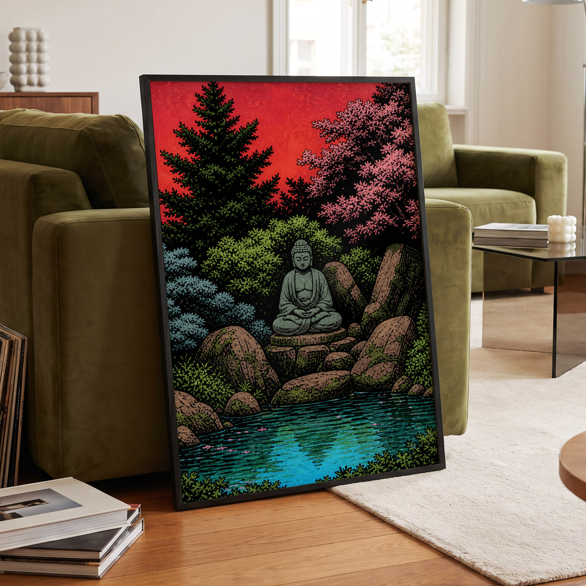 The Crimson Sanctuary, black, green, red nature wall art displayed in a styled interior, gallery view 6