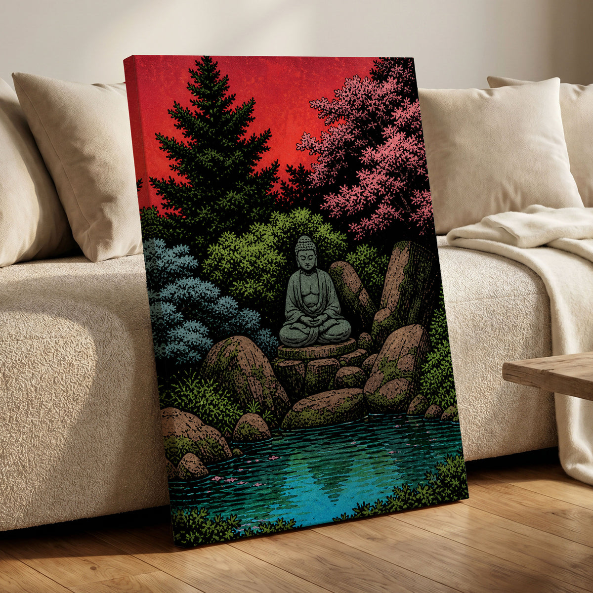 The Crimson Sanctuary, black, green, red nature wall art displayed in a styled interior, gallery view 7