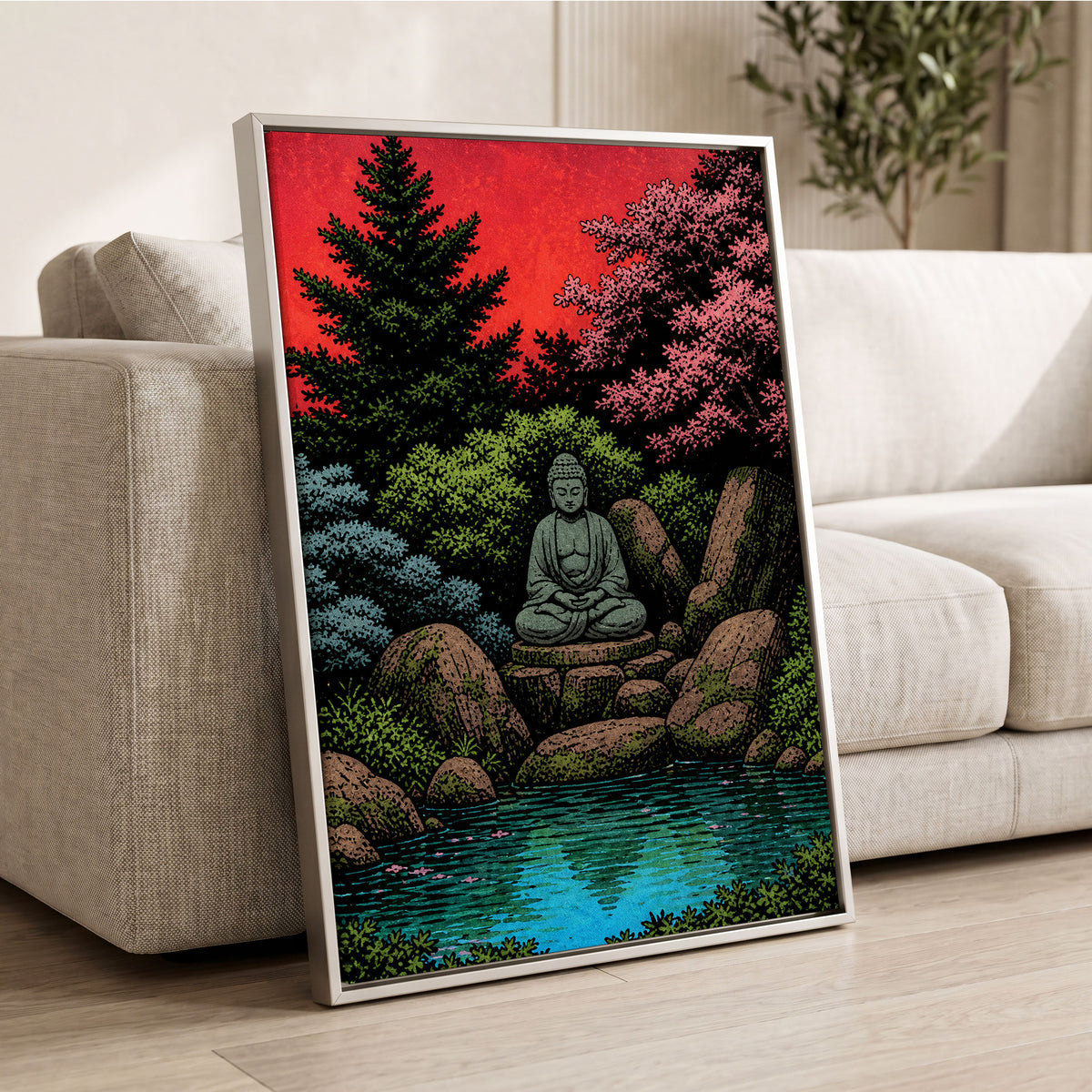 The Crimson Sanctuary, black, green, red nature wall art displayed in a styled interior, gallery view 8