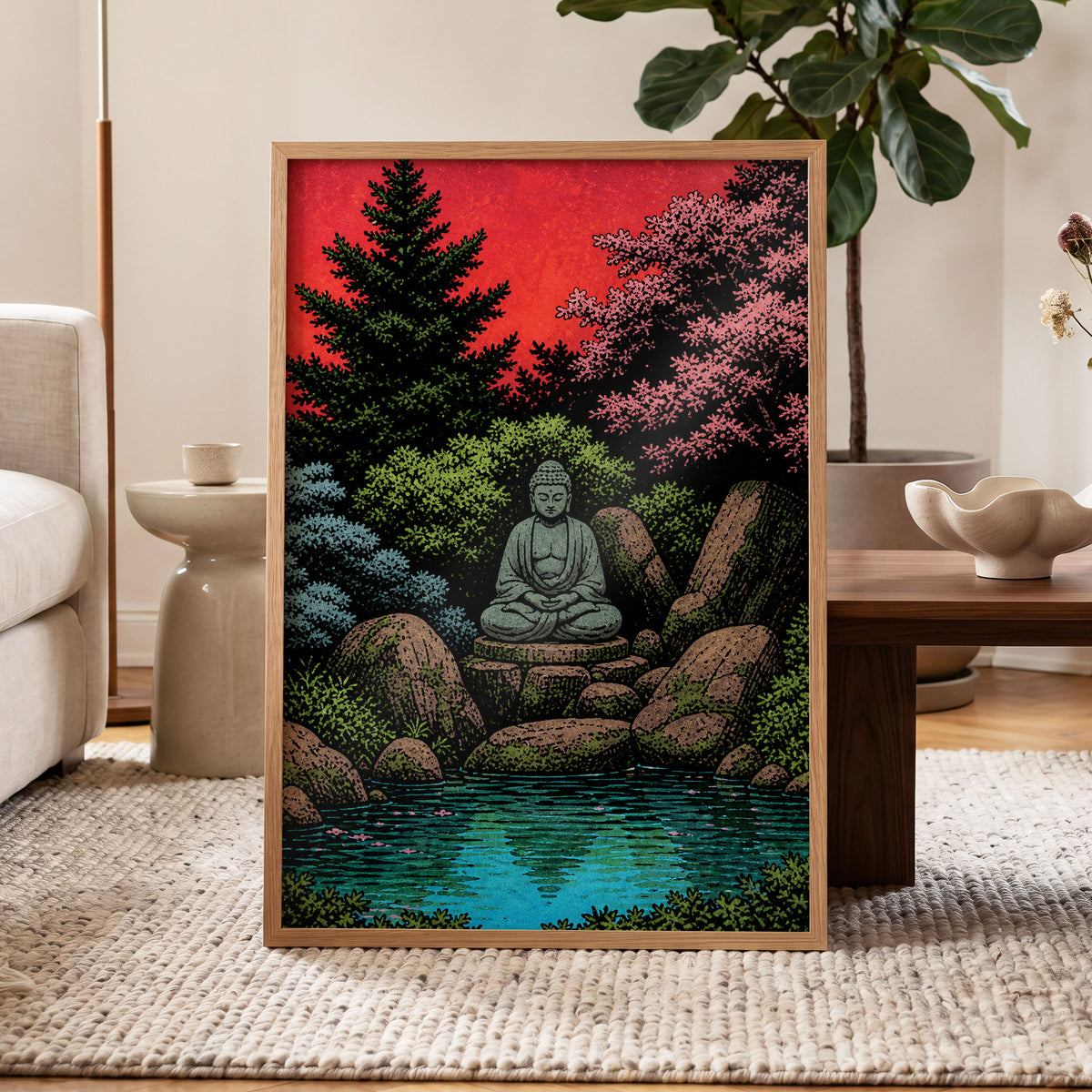 The Crimson Sanctuary, black, green, red nature wall art displayed in a styled interior, gallery view 9