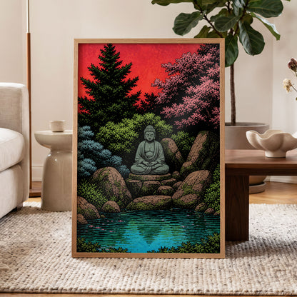 The Crimson Sanctuary, black, green, red nature wall art displayed in a styled interior, gallery view 9