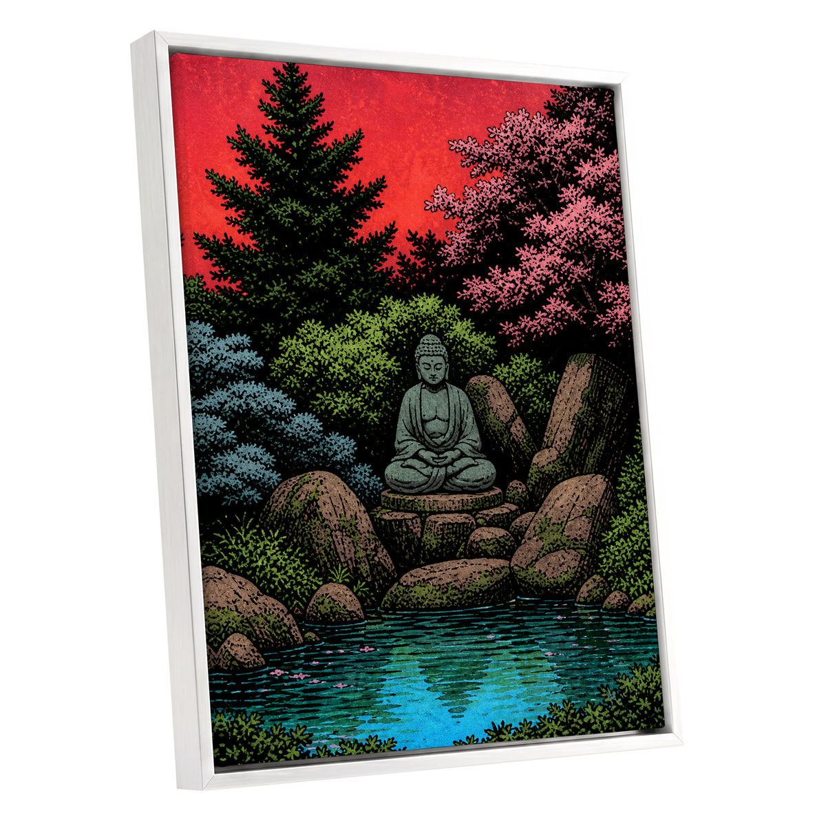 The Crimson Sanctuary, black, green, red nature wall art shown as a white framed canvas wall art