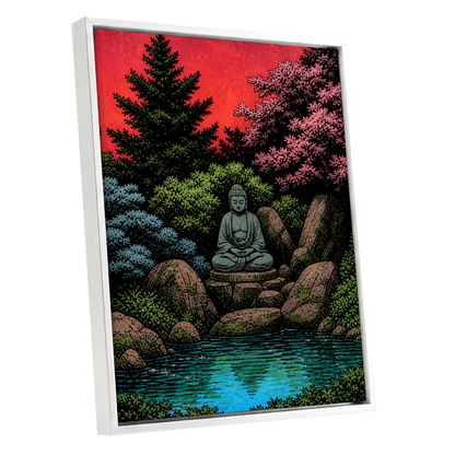 The Crimson Sanctuary, black, green, red nature wall art shown as a white framed canvas wall art