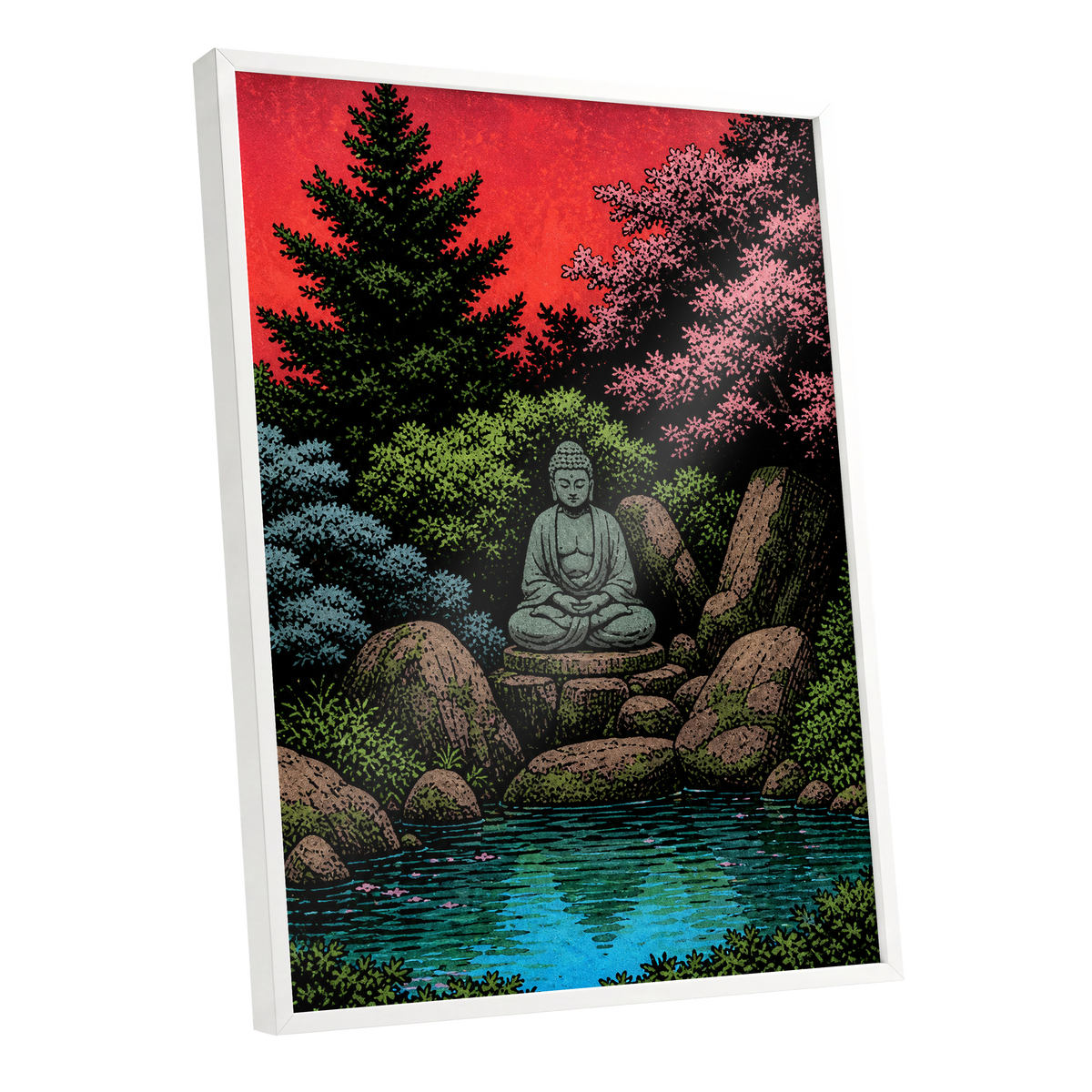 The Crimson Sanctuary, black, green, red nature wall art shown as a white framed poster wall art print